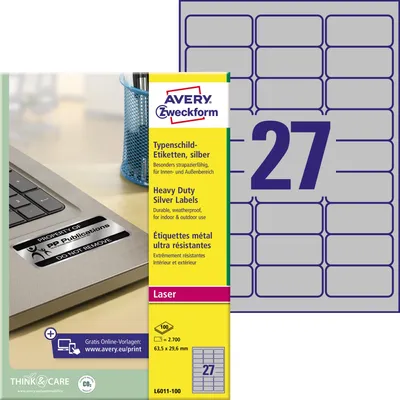Obrázek produktu pro Avery Durable Heavy Duty L6011 - polyester - permanentní lepidlo - stříbrná - 63,5 x 29,6 mm 2700 štítků (100 listů x 27) štítků (L6011-100)