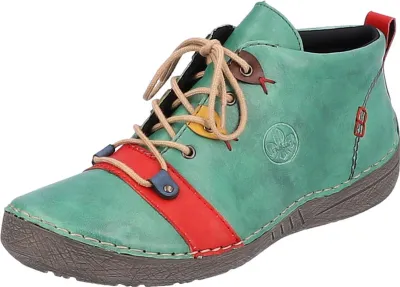 A single green boot with colorful accents and laces, isolated on a white background.