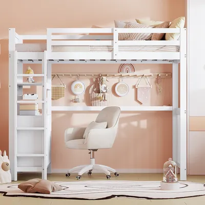 Produktbild von Hausbett mit Vertikale Sicherheitsleiter Schubladen und Regale Hochbett Kinderbett Einzelbett aus Holz 90*200cm Weiß