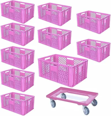 Produktbild von 10 Eurobehälter, LxBxH 600x400x320 mm, lebensmittelecht + 1 Transportroller, pink