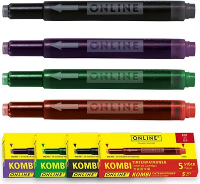 Immagine prodotto di ONLINE® 17028 ONLINE® 17026 Tintenpatronen für Füller 5x lila, 5x grün, 5x schwarz, 5x rot 20 St.