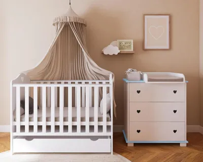 Immagine prodotto di ZEE Set Cameretta Bambino Bianco Blu Lettino 120x60 BELLA 2in1 con cassetto + Fasciatoio CUORI con piano fasciatoio 3 cassetti