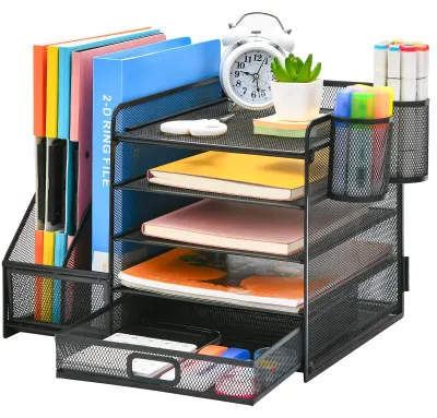 Produktbild von Schreibtisch-Organizer mit Aktenhalter, 5-stufigem Papier- und Briefablagefach mit Schublade und 2 Stifthaltern, Schreibtisch-Organizer aus Netzgewebe für Bürobedarf (schwarz)