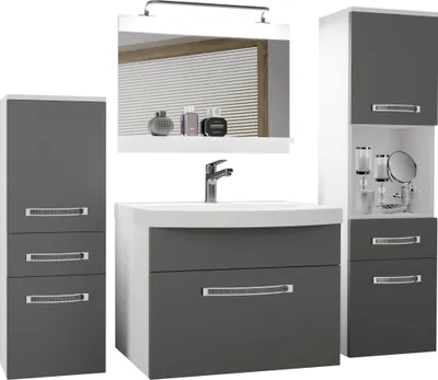 Obrázek produktu pro BELINI koupelnový nábytek kompletně vybavený set umyvadlová skříňka, 1x malá skříňka, 1x vysoká skříňka, umyvadlo, zrcadlo, lampa (šedá, matná)