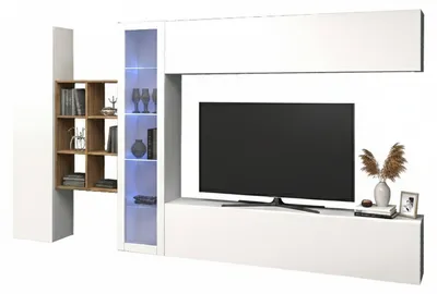 Produktbild von Wohnzimmermöbel Dcavio, Wohnzimmergarnitur TV-Möbel mit 4 Türen, Mehrzweck-Wohnmöbel mit Vitrine und LED-Beleuchtung, 100 %  Italy, cm 280x30h180, Weiß glänzend und Ahorn