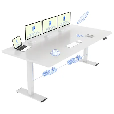 A white adjustable standing desk with multiple monitors, a laptop, and a coffee cup. Blue wireframe graphics illustrate the desk's mechanical components and screen displays.