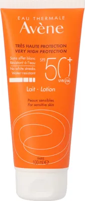 A product shot of an orange tube of Avène sunscreen.