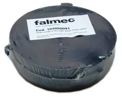 A round, black filter for a cooker hood, wrapped in plastic, with a label attached.