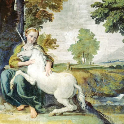 Zdjęcie produktu dla Obraz z nadrukiem Domenichino - Dziewica z jednorożcem, 1602 (100 x 100 cm)