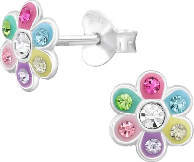 Produktbild von Kinder Ohrringe Ohrstecker 925 Sterling Silber Blume mit bunten Kristallen