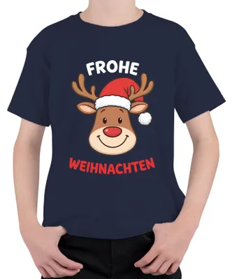 Produktbild von FROHE WEIHNACHTEN Rentier Weihnachtsmütze Cartoon Lustig Kinder Kinder T-Shirt, Navy, 104