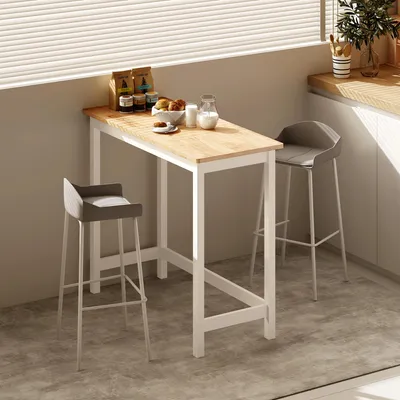 Zdjęcie produktu dla Stół barowy, stół wysoki w stylu dębowym, kompaktowy stół dla 2 osób, drewno kauczukowe, kolor naturalny-biały | 108 x 48 x 91 cm | 15 kg