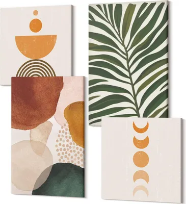 Zdjęcie produktu dla Obraz na płótnie – Fotoobraz – Obrazy na ścianę – Nowoczesna dekoracja – Obraz do salonu lub sypialni – Set 4 sztuki – 2x40x40 cm + 2x40x60 cm – Abstraktní tvary v teplých barvách a listech