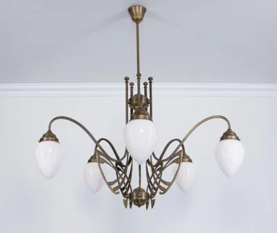 Produktbild von Hängeleuchte Messing massiv Glas E27 H: max. 110 cm in Berliner Opal Weiß Jugendstil Hängelampe
