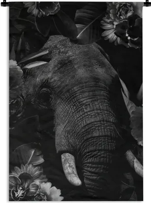Produktbild von MuchoWow® Wandteppich Wandbehang Botanischer Elefant vor schwarzem Hintergrund - schwarz und weiß 60x90 cm Tapisserie Dekoration Wandtuch - Foto-Teppich - Abwaschbar
