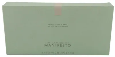 Isabella Rossellini Manifesto Powdered Milk Bath, hellgrüne Originalverpackung mit 8 Portionen à 25 g, Gesamtinhalt 200 g.