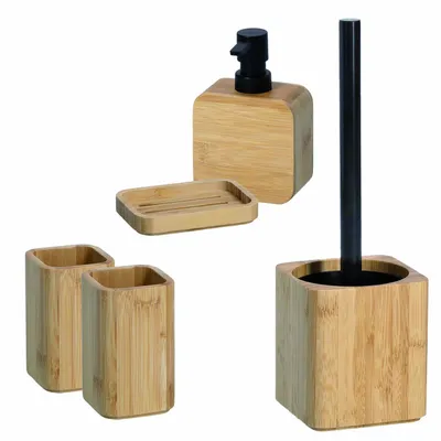 Produktbild von 5-teiliges Badezimmer-Set Bambus natur, Badzubehör-Set besteht aus: Seifenspender, Seifenschale, 2x Zahnputzbecher, WC-Bürste, moderne Badausstattung