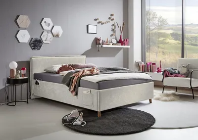 Produktbild von Meise Möbel Kinderbett FUN 120x200 cm | Bettkasten & Lattenrost | Webstoff Beige | Holzfuß eichefarbig
