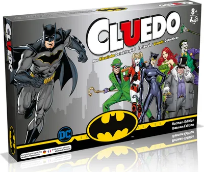 The image shows the front of a Cluedo Batman Edition board game box.