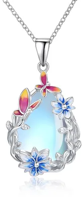Produktbild von Tiehuoxia Mondstein Schmetterling Kette Sterling Silber Lotus Blume Teardrop Anhänger Tierschmuck Hochzeit Geburtstag Weihnachten Geschenke für Damen