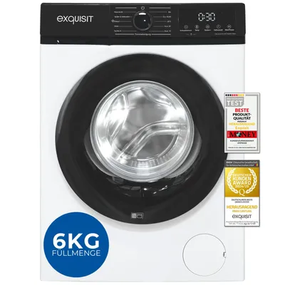 Produktbild von Exquisit Waschmaschine 6kg, Slim, Startzeitvorwahl, 11 Waschprogramme, 1200 U/Min, WA6312-370A weiss