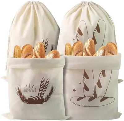 Produktbild von 4 Stück Brotbeutel Leinen Ungebleicht, 40 x 30cm Wiederverwendbar Leinenbeutel mit Kordelzug, Brotbeutel Aufbewahrung Frischhalten für Brot Obst und Gemüse