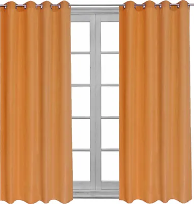Two orange curtains are shown hanging in front of a window.