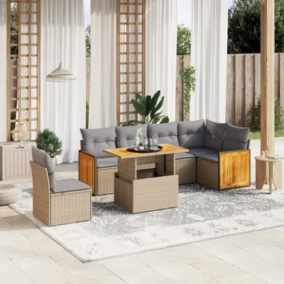 Produktbild von Design 7-tlg. Garten-Sofagarnitur mit Kissen Beige Poly Rattan, Gartenmöbel-Sets 2024 Neu