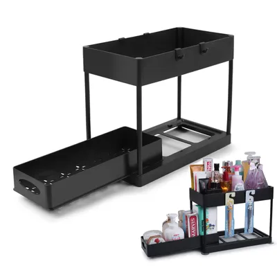 Produktbild von Küchen Organizer, 2 Etagen Unter Waschbecken Regal, ausziehbar spülschrank organizer küchenregal mit 4 Haken für Badezimmer Küche