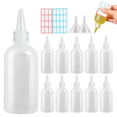 12er-Set 100 ml Knüpfflaschen aus PE mit Trichtern & Etiketten