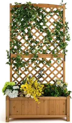 Produktbild von Blumenkasten mit Rankgitter, Pflanzkasten mit Spalier & Entwaesserungsloechern, Rankkasten Holz, Gartenspalier für Kletterpflanzen, Hochbeet für Balkon Terrasse, 90×44,5×180,5cm, Natur