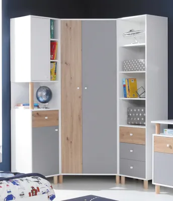 Produktbild von Jugendzimmer Set 3-teilig FAIRFAX-133 mit Eckkleiderschrank in weiß mit Eiche und grau