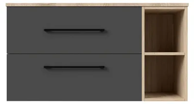 Image de Meuble Salle de Bain suspendu , Sans lavabo, 2 Tiroirs et rangements ouverts, 99x46x52cm, Chêne et anthracite, MDF