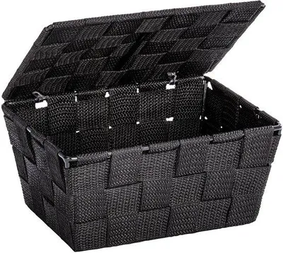 Produktbild von Ibenzoa® Aufbewahrungskorb aus Polypropylen mit Deckel, schwarz – robuster Flechtkorb 19 x 10 x 14 cm für Bad, Kinderzimmer & Haushalt