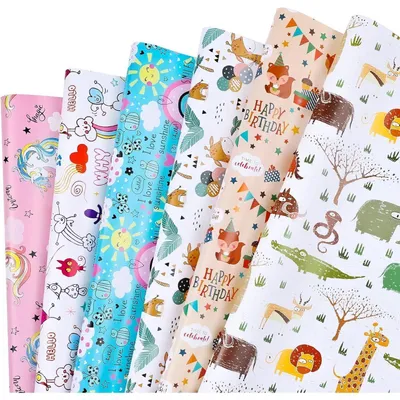 Produktbild von Geschenkpapier Kinder 6 Blätter 70 x 50 cm Tiere gefaltet für Geburtstag Ostern Weihnachten Schulanfang