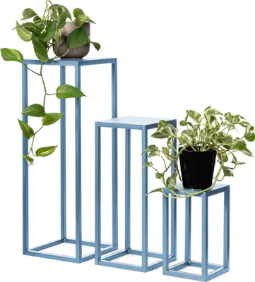 Produktbild von LAMO Manufaktur Pflanzenständer Set 3 Stück 28/48/68 cm - Blumenhocker Blau aus Metall | Blumenständer hoch, mittel und klein - Metallständer für Skulpturen, Deko und große Pflanzen | Blumensäulen