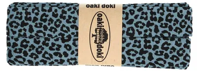3m Oaki Doki Jersey-Schrägband mit Leopard Print gefalzt elastisch 3005 taubenblau-schwarz