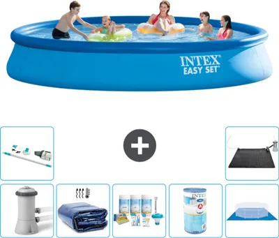 Produktbild von Intex runder aufblasbarer Easy Set-Schwimmpool – 457 x 84 cm – Blau – inklusive Pumpe Sonnensegel - Wartungspaket - Filter - Bodenplane - Staubsauger - Solarmatte