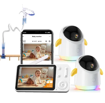 Produktbild von Babyphone mit 2 Kameras und APP 5 Zoll WLAN Babyfon mit Split-Screen 360° PTZ 4×Zoom IR-Nachtsicht Buntes Nachtlicht mit Halterung