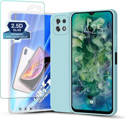 Produktbild von Hülle für Samsung Galaxy A22 5G mit 9H Displayglas Displayschutz Plus Case Cover Bumper Silikon Softgrip Schutzhülle Farbe: Hellblau