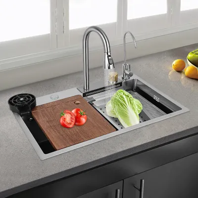 Produktbild von Einschalen-Küchenspüle, Edelstahlspüle, Waschbecken, integrierte Spüle mit abnehmbarem Wasserhahn