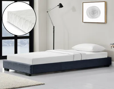 Obrázek produktu pro Čalouněná postel s matrací ze studené pěny a lamelovým roštem 90x200 cm jednolůžko z plátna s matrací ÖKO-TEX Standard 100 postel pro mladé v tmavě šedé barvě Corium