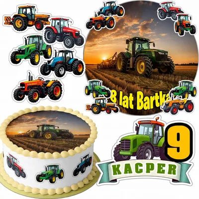 Produktbild von Zestaw Opłatek Na Tort 20Cm + 16 Postaci - Traktor Ciągnik + Imię 15Cm 18Cm