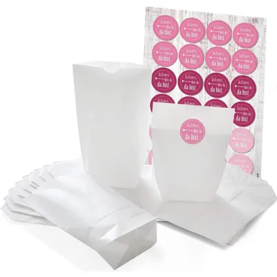 Produktbild von 24 kleine weiße Papiertüten mit Boden Papier-Beutel give-away Tüten 14 x 22 x 5,6 cm + 24 runde Aufkleber Sticker SCHÖN DASS DU DA BIST in grau mit rotem Herz zum liebenvollen VerpackenRosa, Pink
