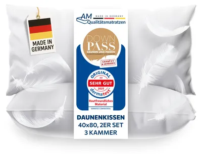 Produktbild von AM Qualitätsmatratzen | Premium 2er Daunenkissenset | 40x80 cm | Daunen | Kissen | 40x80 | Kopfkissen | Allergiker geeignet | Nomite | Downpass