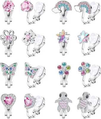 Immagine prodotto di JeweBella Girls Earclips Set Cuore Fiori Tartarughe Arcobaleno 8 Paia - Rosa Carino Orecchini Ipoallergenici Bambini