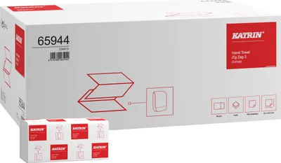 A box of Katrin hand towels with a smaller package of hand towels in front of it.