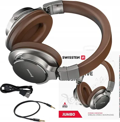 A product shot of brown over-ear headphones with accessories.