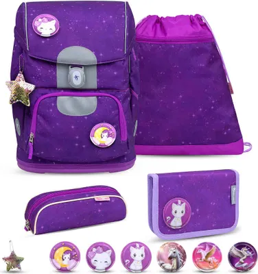 Produktbild von Belmil Motion ergonomisches Schulranzen Set 5-teilig "Purple Sky" aus recyceltem Material mit Brustgurt, Hüftgurt, Magnetverschluss, Patch Set 6 Stück