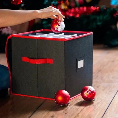 Produktbild von Famanu Aufbewahrungsbox für Weihnachtskugeln - Rot und Schwarz, 33 x 33 cm, für bis zu 64 Kugeln